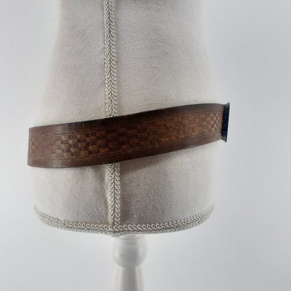 Men's Tooled Brown Leather Belt Basket Weave Shaggy Dog Buckle Old English Sheep - Picture 10 of 13